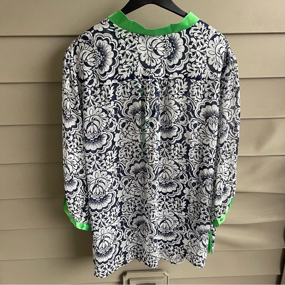 Susan Graver Top Womens 3X Navy Blue Green Trim Floral Chiffon Sheer Blouse - Picture 2 of 9